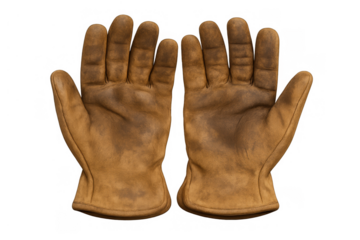 Pair of worn leather work gloves providing hand protection for masonry, carpentry, and gardening tasks, transparent background