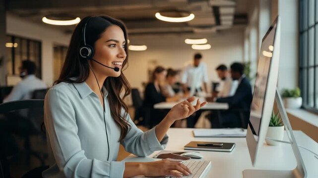 Smiling asian woman working as a customer service representative in a call center