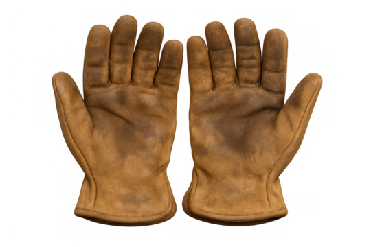 Pair of worn leather work gloves providing hand protection for masonry, carpentry, and gardening tasks, transparent background - Powered by Adobe