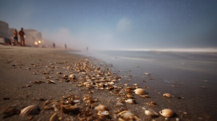 Seashells scattered on a sandy beach at night with gentle ocean waves and a starlit sky