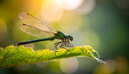 Emerald dragonfly resting atop a bright green leaf, backlit by soft, golden sunlight, creating a dreamy atmosphere