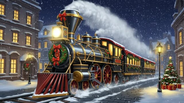 Vintage steam train locomotive adorned with festive decorations, travels through snowy town square, illuminated by street lamps, evoking magical Christmas atmosphere and holiday spirit. 