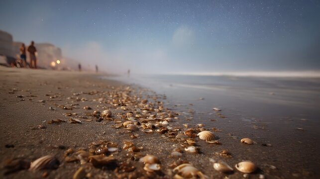 Seashells scattered on a sandy beach at night with gentle ocean waves and a starlit sky - Powered by Adobe