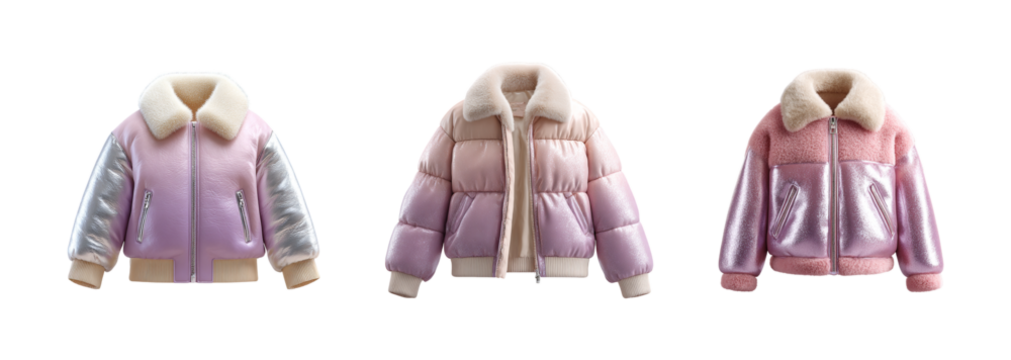 Chic Girl's Puffer Bomber Jacket with Metallic Sheen Stylish Kidswear Outerwear Fashionable Apparel Cozy Warm Clothing Comfortable Fit for Toddlers Contemporary Design Trendy Garment