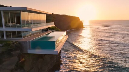 Modern luxury cliffside home with ocean views and infinity pool at sunrise