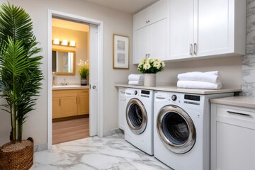 Modern laundry room interior showcasing washing machine and dryer
