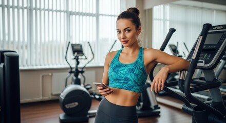 Fototapeta premium Young athletic woman taking a break and using her smartphone in a bright fitness gym