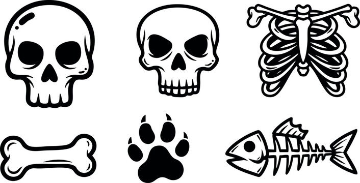 Skull bone paw print fish skeleton rib cage vector icons set in black and white style for design and illustration