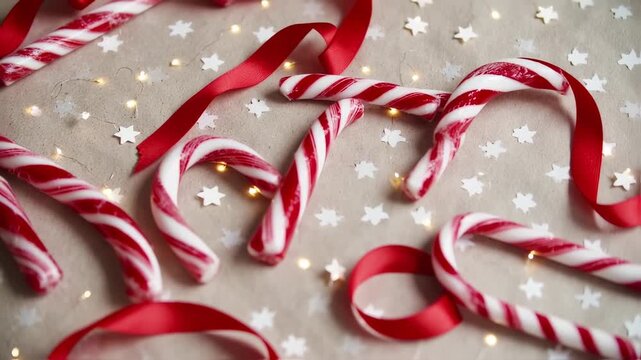 Festive Christmas Candy Canes with Red Ribbons and Stars.
