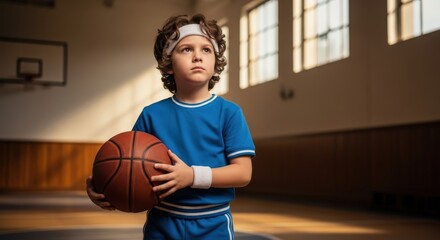 Thoughtful young boy in blue sports uniform holding a basketball, looking up in an indoor school gymnasium