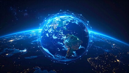 Earth encircled by a glowing blue digital network against a starry expanse, symbolizing global connection