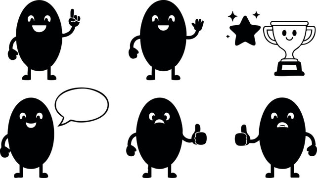 Cartoon black bean characters with various expressions and gestures including speech bubble and trophy vector set