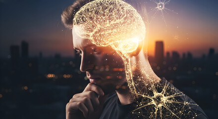 Conceptual intelligence visualization of a pensive man with digital brain overlay against cityscape evoking innovation thinking process neural network artificial intelligence cognitive function and