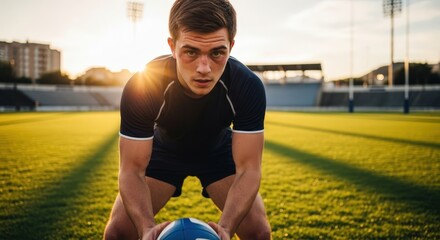 Young male athlete holding rugby ball on grass field in stadium during golden hour. Focused rugby player ready for game