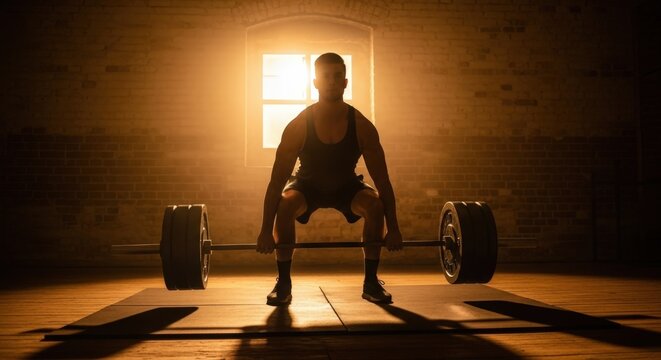 Man in gym preparing to lift barbell with weights under dramatic golden light from window