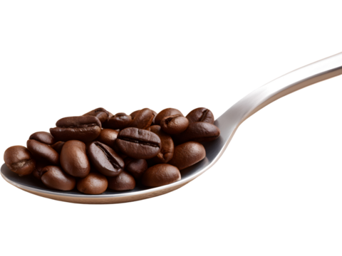 Metallic spoon filled with roasted coffee beans isolated on transparent background, ideal for food, beverage, and cafe design themes.