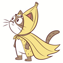 Whimsical cartoon cat wearing a banana costume with a cape and playful expression superhero