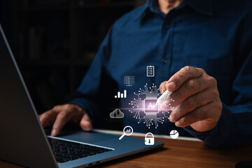Businessman using digital pen and laptop with AI technology icons, data analytics, cloud computing, and cybersecurity concept for artificial intelligence innovation in modern business.