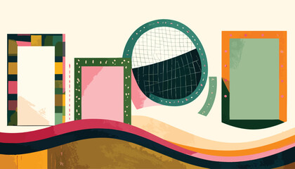 Colorful frames and shapes overlaying abstract waving lines