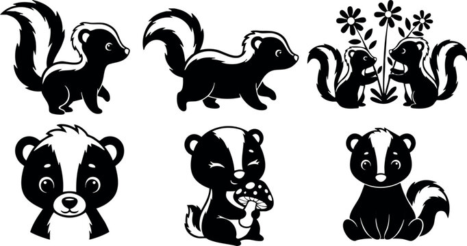 Cute skunk vector set with flowers and mushroom natural wildlife collection black and white silhouette illustrations