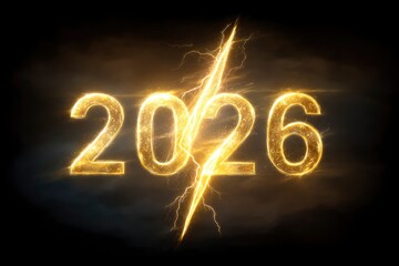 Glowing gold 2026 text on a black background split by a bolt of lightning
