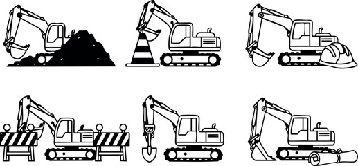 Obraz premium Construction excavator machinery vector icons with digging and lifting functions for industrial and building design usage