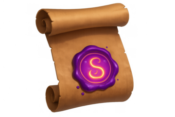 Ancient paper scroll with glowing magic wax seal and initial s for fantasy, mystery, and secret themes