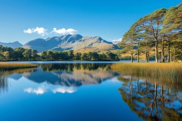 Lochans reflection of mountains and Scottish pines