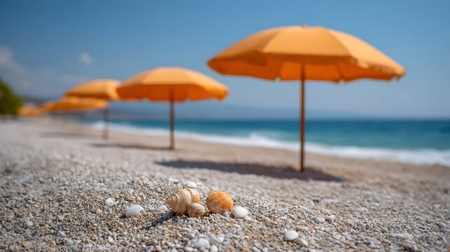 Seashells and orange umbrellas on a sunny pebble beach overlooking the ocean