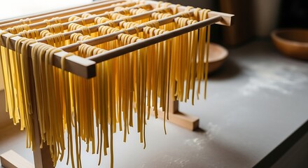 Fresh homemade pasta drying on a wooden rack in a kitchen setting.