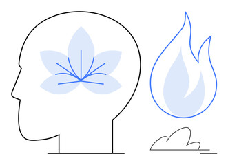 Outline of a head with a flower inside, flame to the side. Ideal for mindfulness, balance, transformation, mental health, inspiration, spirituality emotional expression. Simple flat metaphor