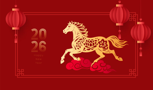 Paper-cut style horizontal illustration of the Spring Festival of the Year of the Horse
