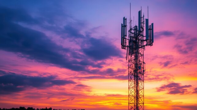 A 5G Antenna Tower Silhouetted Against a Glowing Sunset Sky