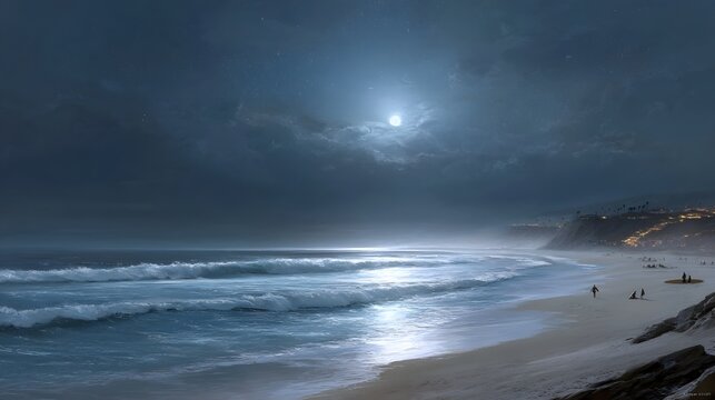 Serene moonlit beach with gentle waves reflecting moonlight distant town lights and misty atmosphere - Powered by Adobe