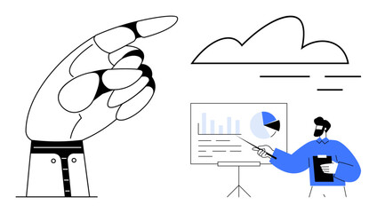 Giant hand pointing at cloud, man presenting charts and graphs on board. Ideal for data sharing, teamwork, analytics, leadership, cloud computing, communication modern business. Simple flat metaphor