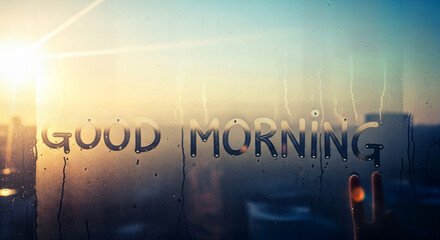 Good morning message written on steamy window at sunrise inspires a positive day and peaceful start