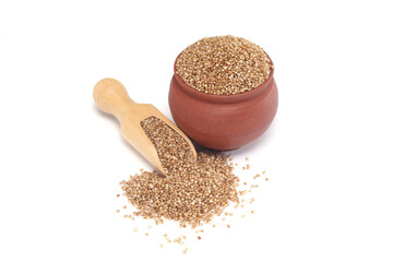 Close up of Gluten-free Kodo millet in clay pot and wooden scoop on white background
