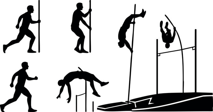 Pole vault athlete performing various stages of jump with pole in black silhouette style vector illustration