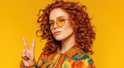 Stylish redhead woman showing peace sign on yellow background