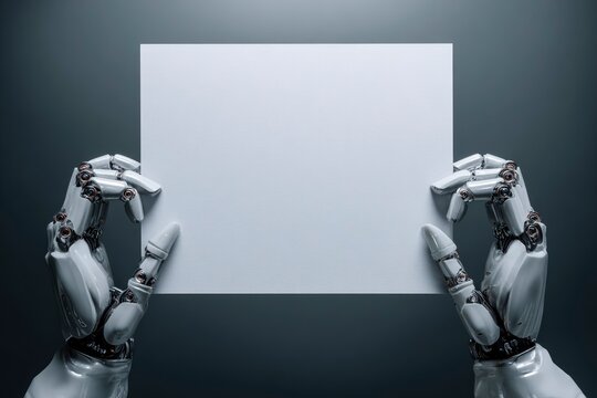 Two robotic hands hold a blank white card in front of a grey background