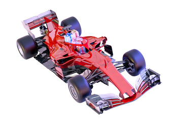 Santa Claus driving a Formula 1 race car loaded with Christmas gifts on high speed PNG. Festive holiday concept of fast delivery, celebration, joyful energy. Greeting card design for holiday campaigns