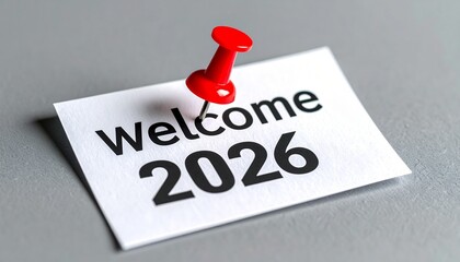 Welcome to 2026 message with push pin on gray background conceptual for new year goals and resolutions.