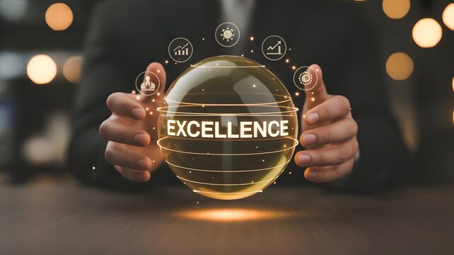 Business excellence concept with professional hands holding a glowing sphere symbolizing quality, innovation, growth, leadership, and success, representing corporate performance improvement and contin