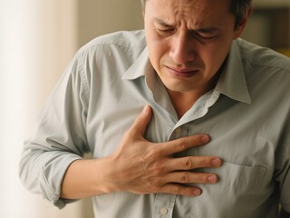 Adult man touching his left chest showing heart attack gesture