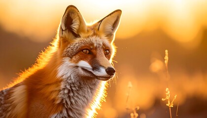 Obraz premium Focused red fox bathed in golden light, with a shallow depth of field, creating a warm, dreamy atmosphere