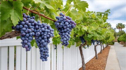 Ripe grapes hanging from vine in vineyard against white fence