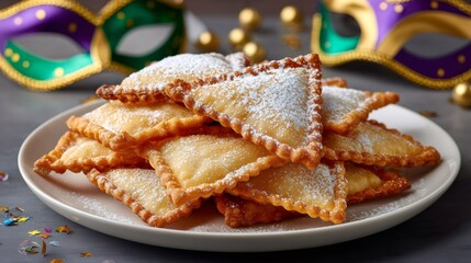 Mardi Gras beignets piled with powdered sugar on plate