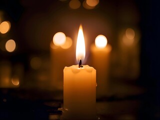 Single burning candle provides a warm, comforting glow in a dark room, creating a peaceful and contemplative atmosphere with other candles blurred in the background