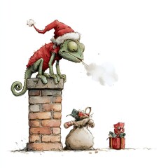 Funny Christmas Chameleon Breathing Frost on a Brick Chimney While Carrying a Sack Full of Toys and Presents, Hand-Drawn Watercolor Illustration, Humorous Winter Holiday Greeting Card