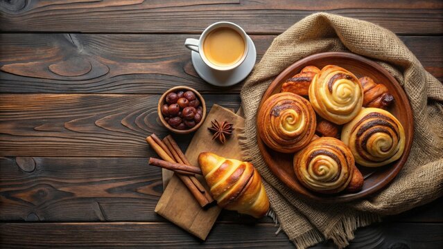 Aromatic Cinnamon Rolls and Coffee Served on Rustic Wooden Table with Spices - Powered by Adobe